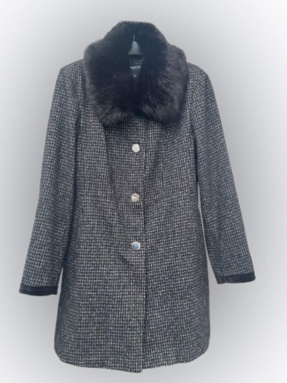 Liz Claiborne Wool Blend Tweed Coat Detachable Faux Fur Collar Lace-Up Back